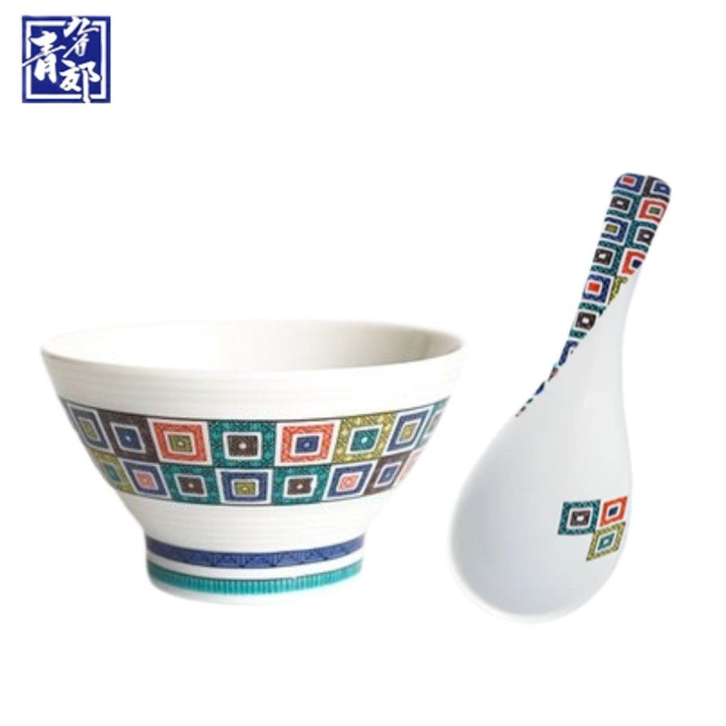 九谷燒 青郊窯 日本製彩繪飯碗和湯匙 11.5cm | 中國風 收藏碗 茶碗