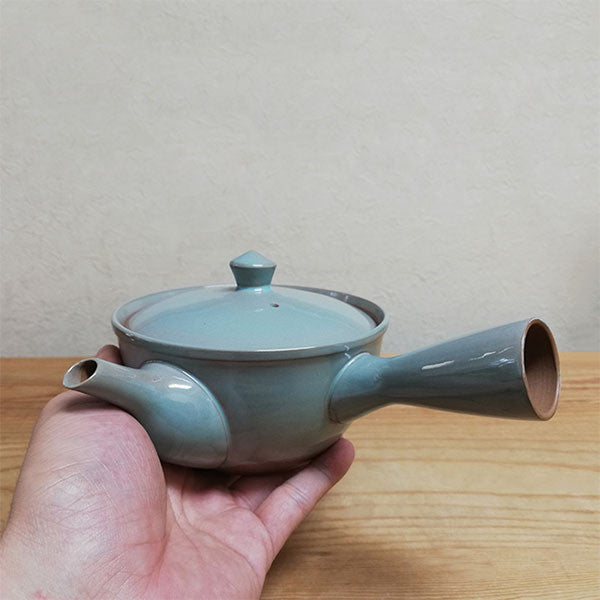 日本製 萬古燒 青瓷急須壺 370ml | 側把壺 手把陶瓷茶壺 簡易泡茶壺
