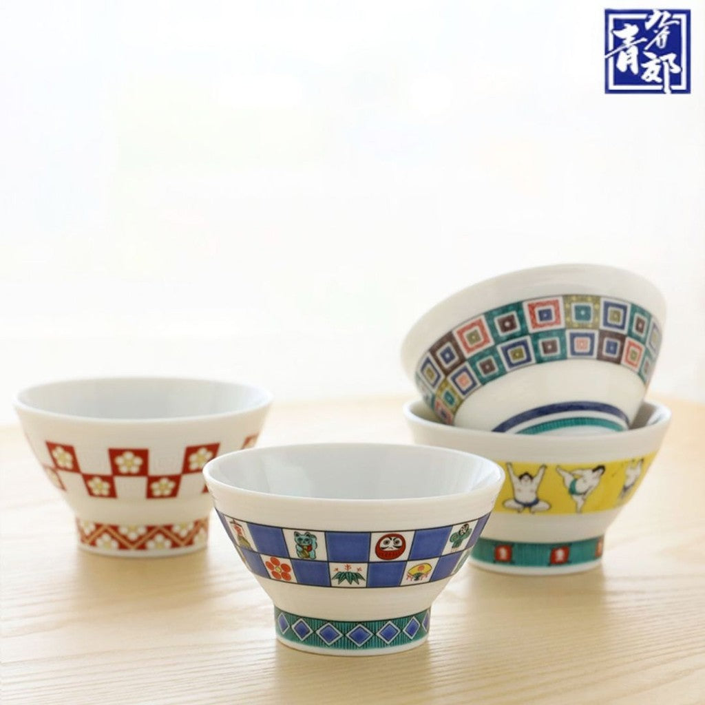 九谷燒 青郊窯 日本製彩繪飯碗和湯匙 11.5cm | 中國風 收藏碗 茶碗