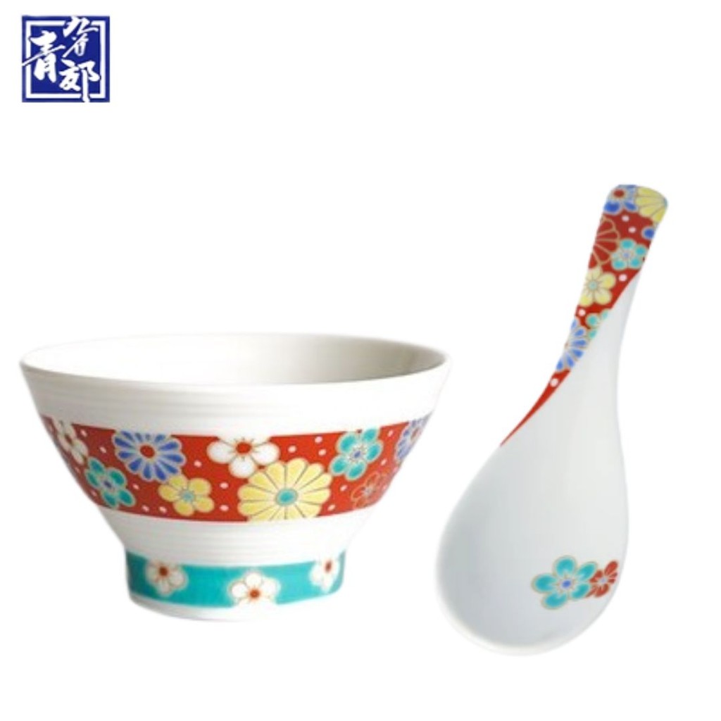 九谷燒 青郊窯 日本製彩繪飯碗和湯匙 11.5cm | 中國風 收藏碗 茶碗