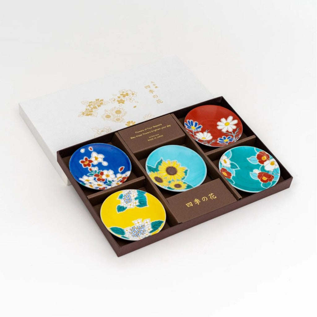 日本製 九谷燒 青郊窯 四季之花豆皿禮盒 | 醬料碟 點心碟 碗盤送禮 入厝禮