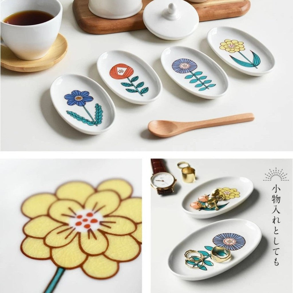 日本製 九谷燒 花朵橢圓小皿 附禮盒 四色 | 點心盤 飾品盤 迷你小皿