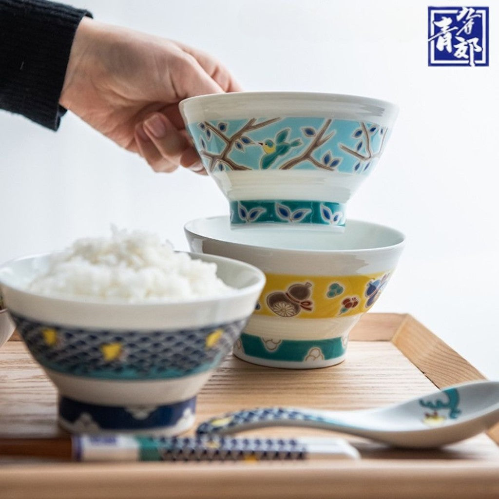 九谷燒 青郊窯 日本製彩繪飯碗和湯匙 11.5cm | 中國風 收藏碗 茶碗