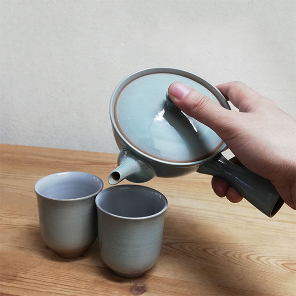 日本製 萬古燒 青瓷急須壺 370ml | 側把壺 手把陶瓷茶壺 簡易泡茶壺