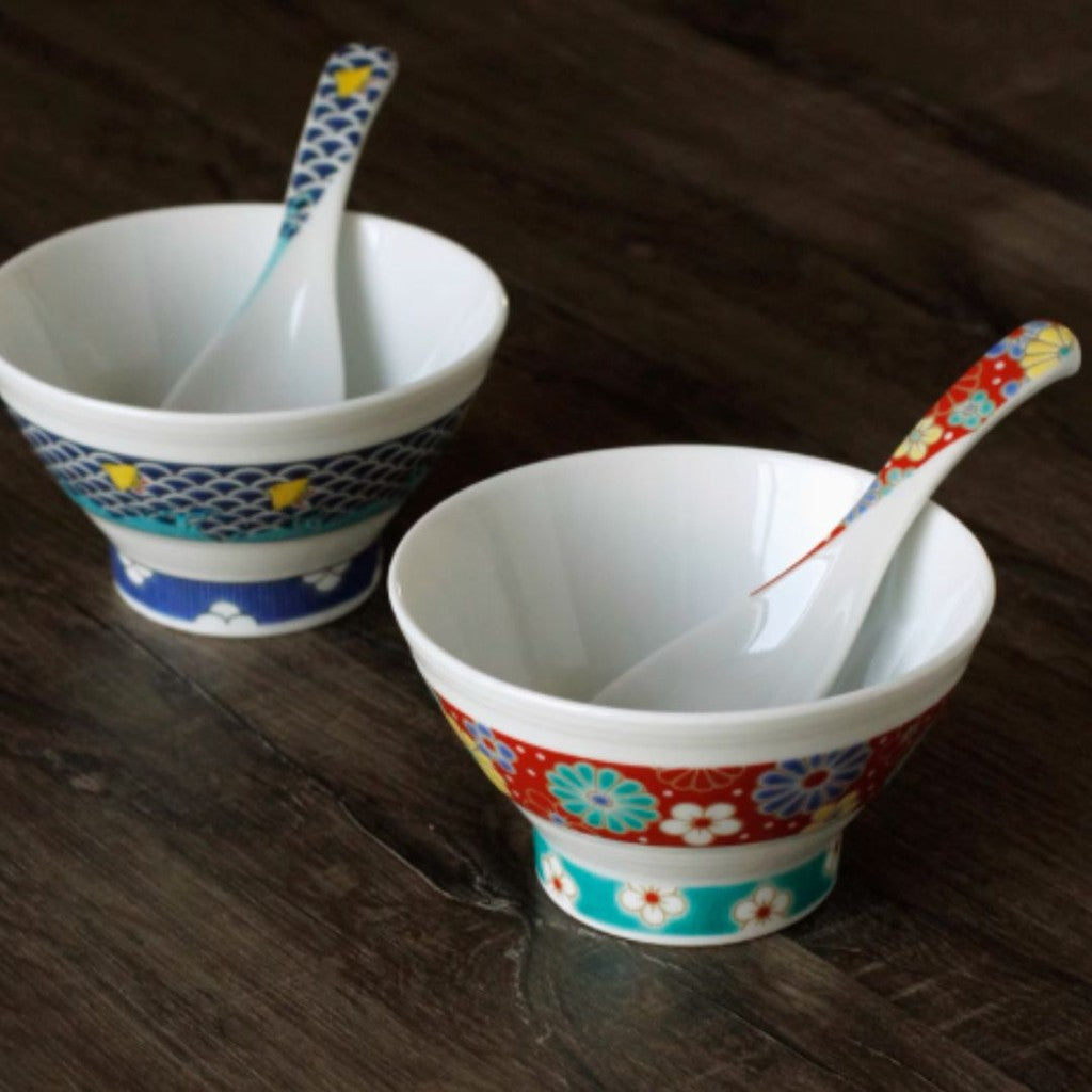 九谷燒 青郊窯 日本製彩繪飯碗和湯匙 11.5cm | 中國風 收藏碗 茶碗
