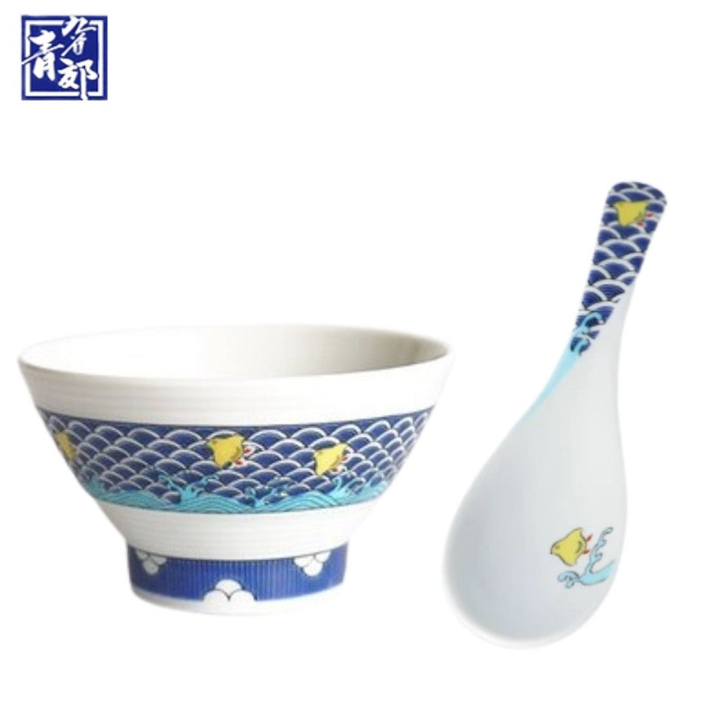 九谷燒 青郊窯 日本製彩繪飯碗和湯匙 11.5cm | 中國風 收藏碗 茶碗