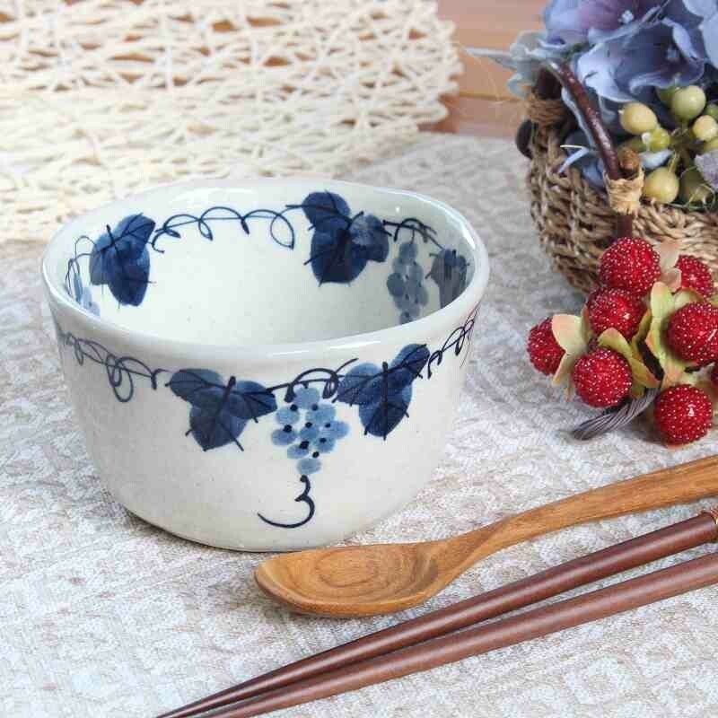 日本製 瀨戶燒 粉引藍白葡萄紋茶杯 陶瓷麵碗 | 湯碗 片口杯 茶杯 茶碗 豬口杯 藍白葡萄紋 日式餐具