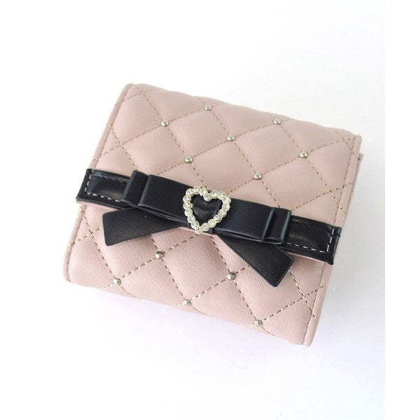 日本 SecretDoor 愛心鑽石釦菱格紋短夾 | 珍珠鉚釘 超薄錢包 錢包女 三折短夾 女生短夾