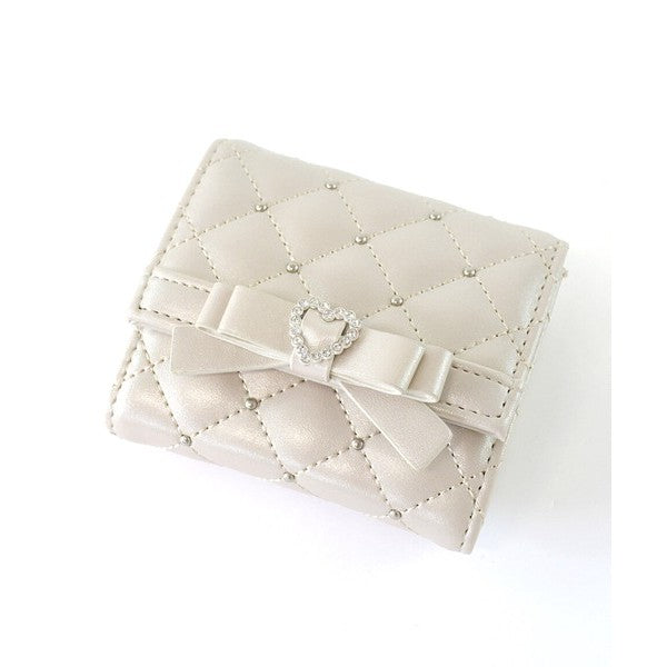 日本 SecretDoor 愛心鑽石釦菱格紋短夾 | 珍珠鉚釘 超薄錢包 錢包女 三折短夾 女生短夾