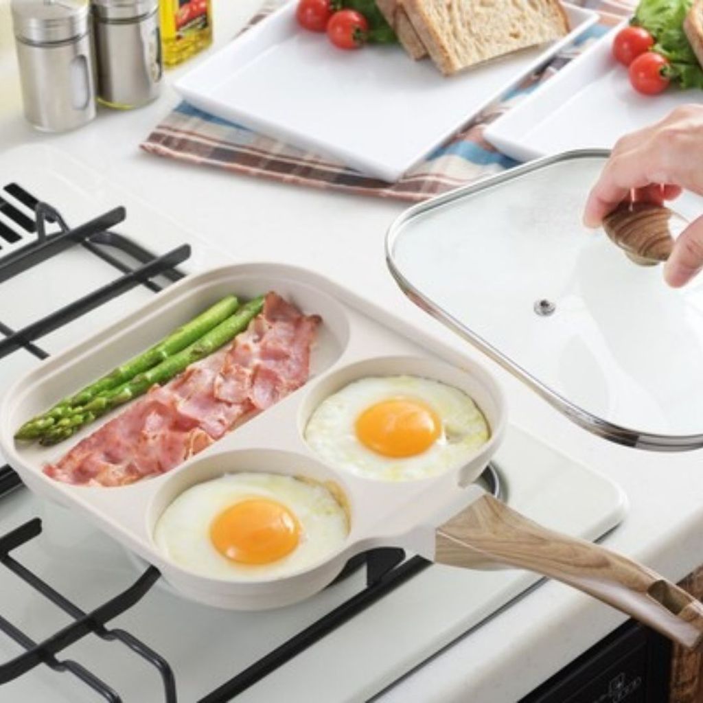 日本 吉川 鋁製木柄三格煎鍋 附透明鍋蓋 | 分隔煎鍋 不沾鍋 平底鍋 早餐鍋 快速備餐 煎蛋鍋 三合一