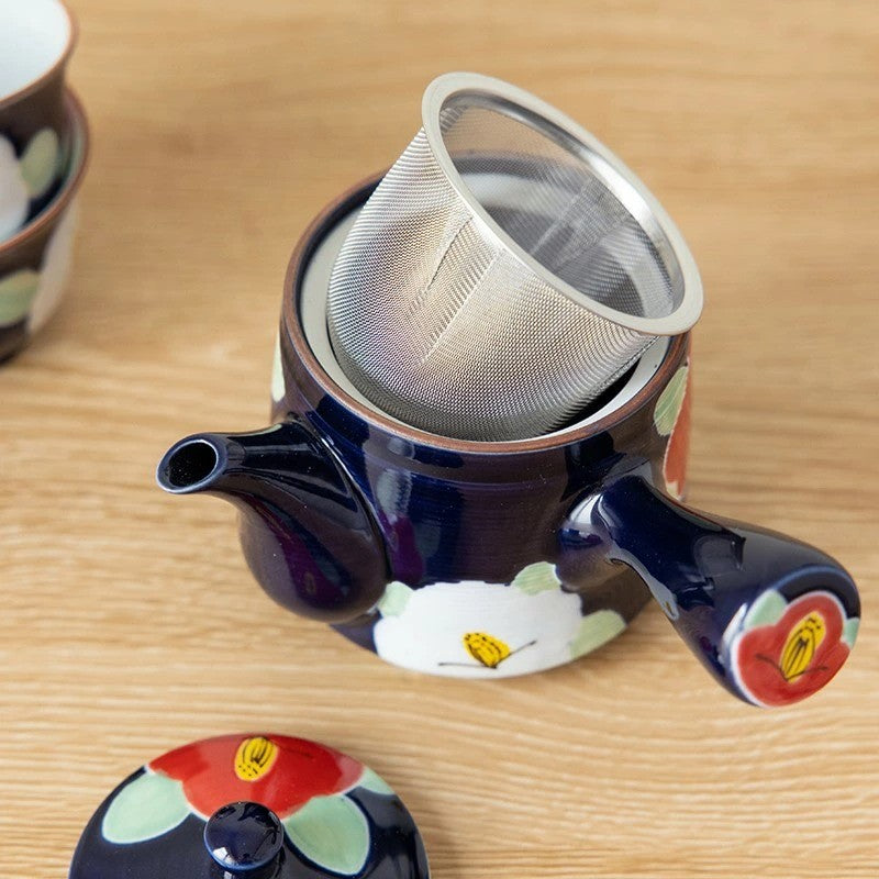 日本製 有田燒 手繪釉彩紅色椿花茶具3入組 側把茶壺 茶杯|泡茶壺 陶瓷茶杯 入厝禮盒