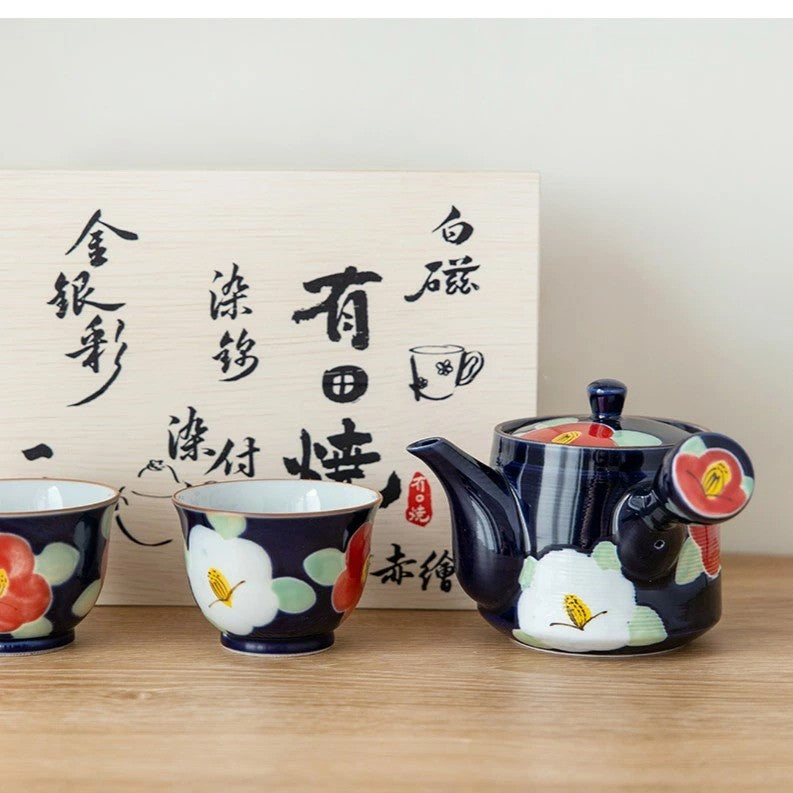 日本製 有田燒 手繪釉彩紅色椿花茶具3入組 側把茶壺 茶杯|泡茶壺 陶瓷茶杯 入厝禮盒
