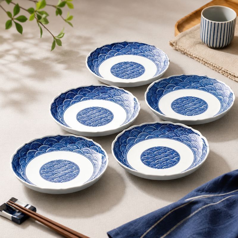 日本製 波佐見燒 日式和風青海波餐盤五入組|16cm 餐盤組 入厝賀禮