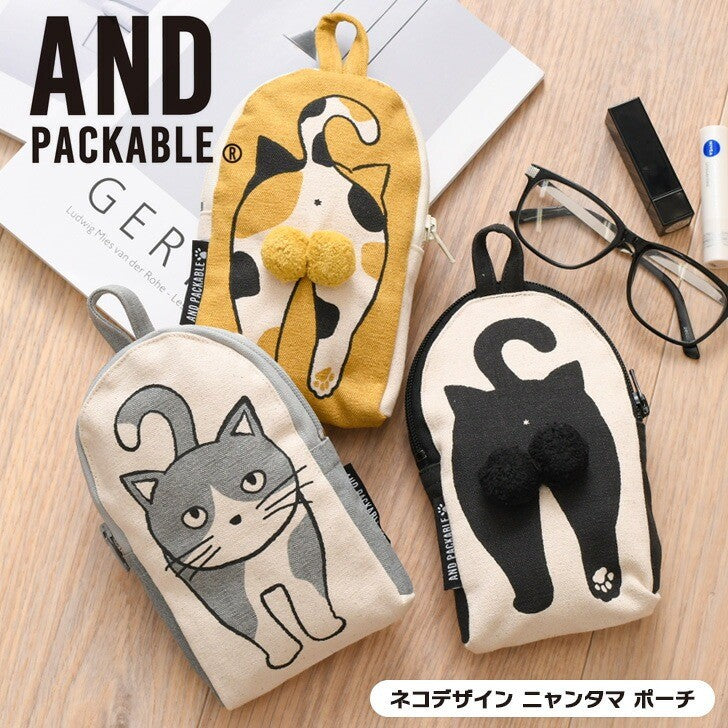日本 AND PACKABLE 貓咪毛絨球收納袋 | 帆布袋 萬用袋 小物包 眼鏡包 純棉