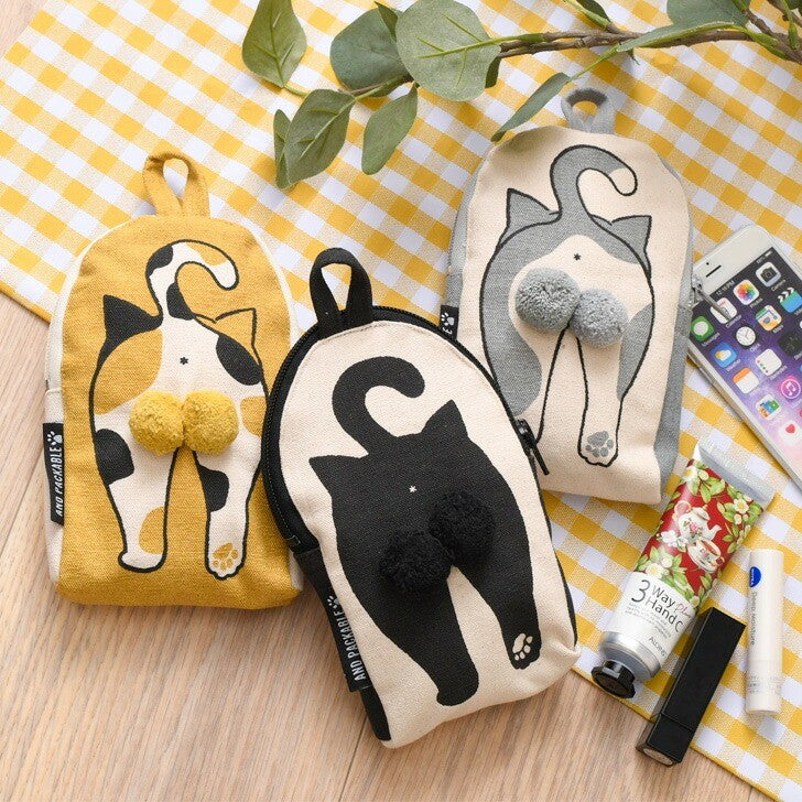 日本 AND PACKABLE 貓咪毛絨球收納袋 | 帆布袋 萬用袋 小物包 眼鏡包 純棉