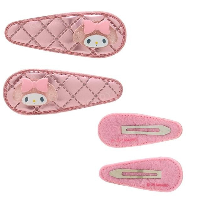 日本 三麗鷗 Sanrio 菱格紋髮夾2入組 | 金屬風 瀏海夾 小髮夾 HelloKitty 美樂蒂