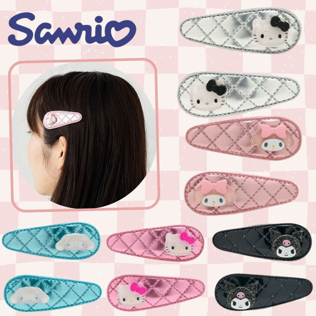 日本 三麗鷗 Sanrio 菱格紋髮夾2入組 | 金屬風 瀏海夾 小髮夾 HelloKitty 美樂蒂