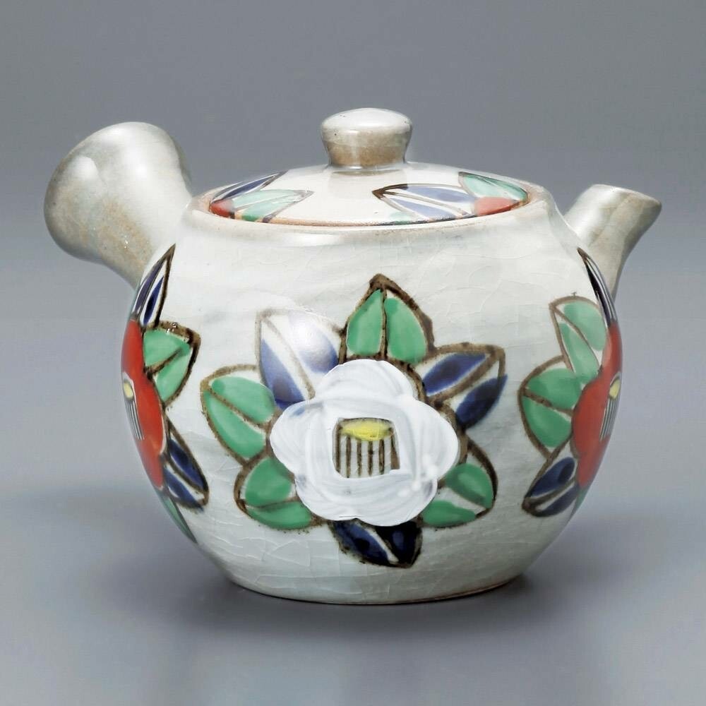 日本製 美濃燒 染錦椿片手急須 手繪山茶花 陶器茶壺 | 和食器 360cc 單手茶壺
