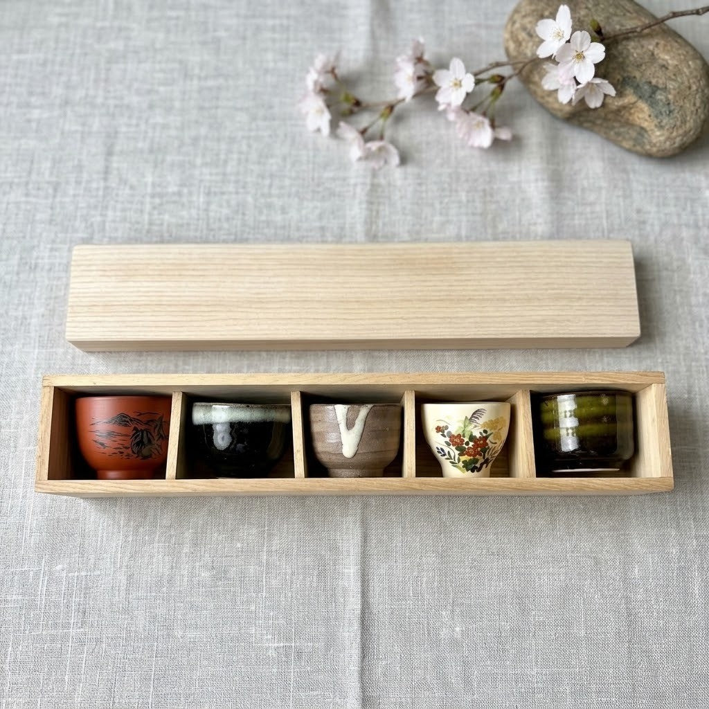 日本製 美濃燒 六古窯風格 清酒杯6件組 木箱入|日系質感清酒杯組 陶器酒杯 日本酒杯 清酒壺 禮盒組