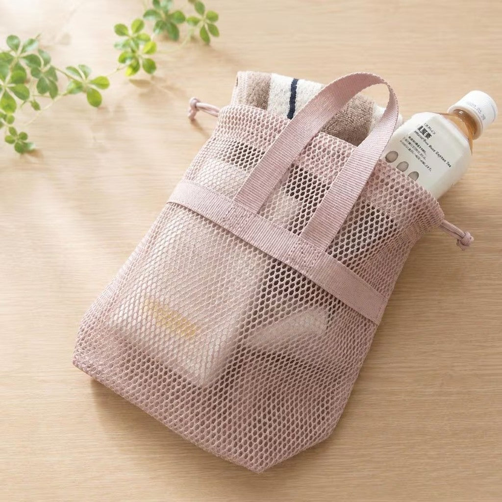 日本 無印良品 立體網狀抽繩包M 黑色 綠色 粉色|網袋收納包 旅行收納袋 盥洗包