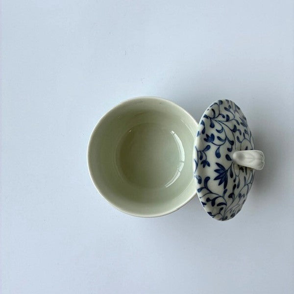 日本製 美濃燒 青花唐草紋 附蓋 茶碗蒸杯|日常餐桌陶瓷蒸碗 茶碗蒸杯 附蓋餐碗 蒸蛋碗 陶瓷碗