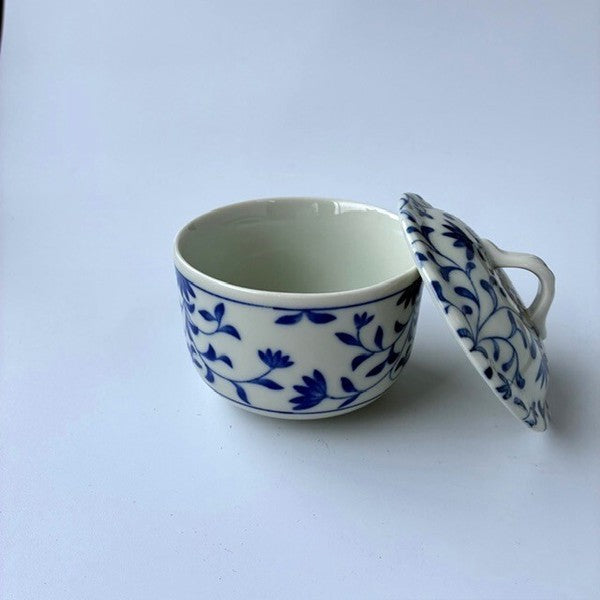 日本製 美濃燒 青花唐草紋 附蓋 茶碗蒸杯|日常餐桌陶瓷蒸碗 茶碗蒸杯 附蓋餐碗 蒸蛋碗 陶瓷碗