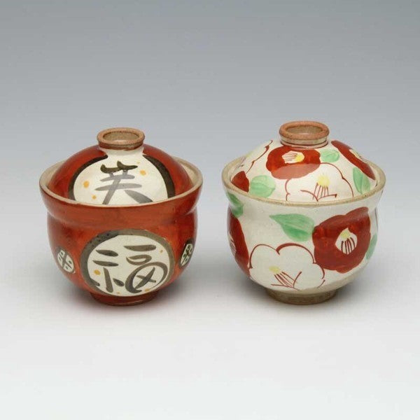 日本製 手繪陶瓷紅色吉祥紋蓋碗 | 蒸蛋碗 甜點碗 茶碗蒸 日本碗 帶蓋碗 湯盅 湯碗 燕窩碗 新年碗盤