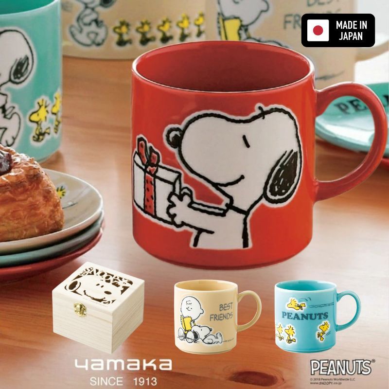 日本製 史努比咖啡杯 精緻木盒裝 350ml snoopy|陶瓷杯 咖啡杯 兒童水杯