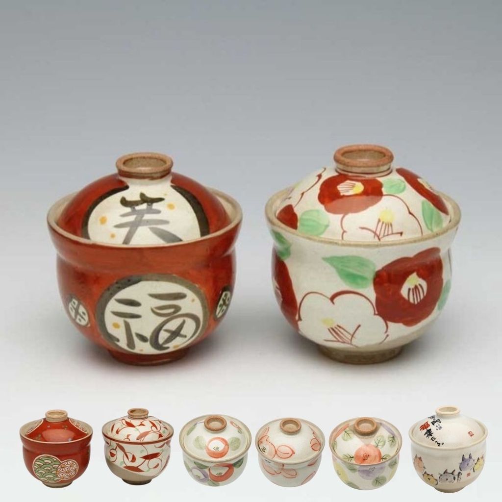 日本製 手繪陶瓷紅色吉祥紋蓋碗 | 蒸蛋碗 甜點碗 茶碗蒸 日本碗 帶蓋碗 湯盅 湯碗 燕窩碗 新年碗盤