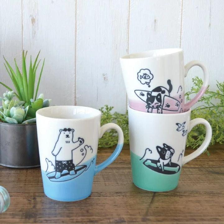 日本製 動物衝浪 SURF 美濃燒馬克杯|北極熊 貓咪 280ml - 富士通販