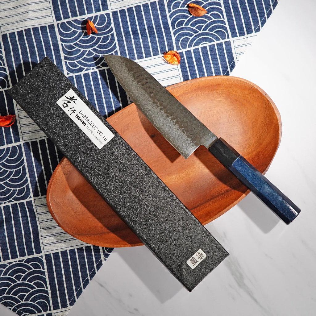 日本製 堺孝行|限量款 藍染 藍包丁 VG10 鎚目 大馬士革紋 170mm 三德刀 日本刀 主廚刀 - 富士通販