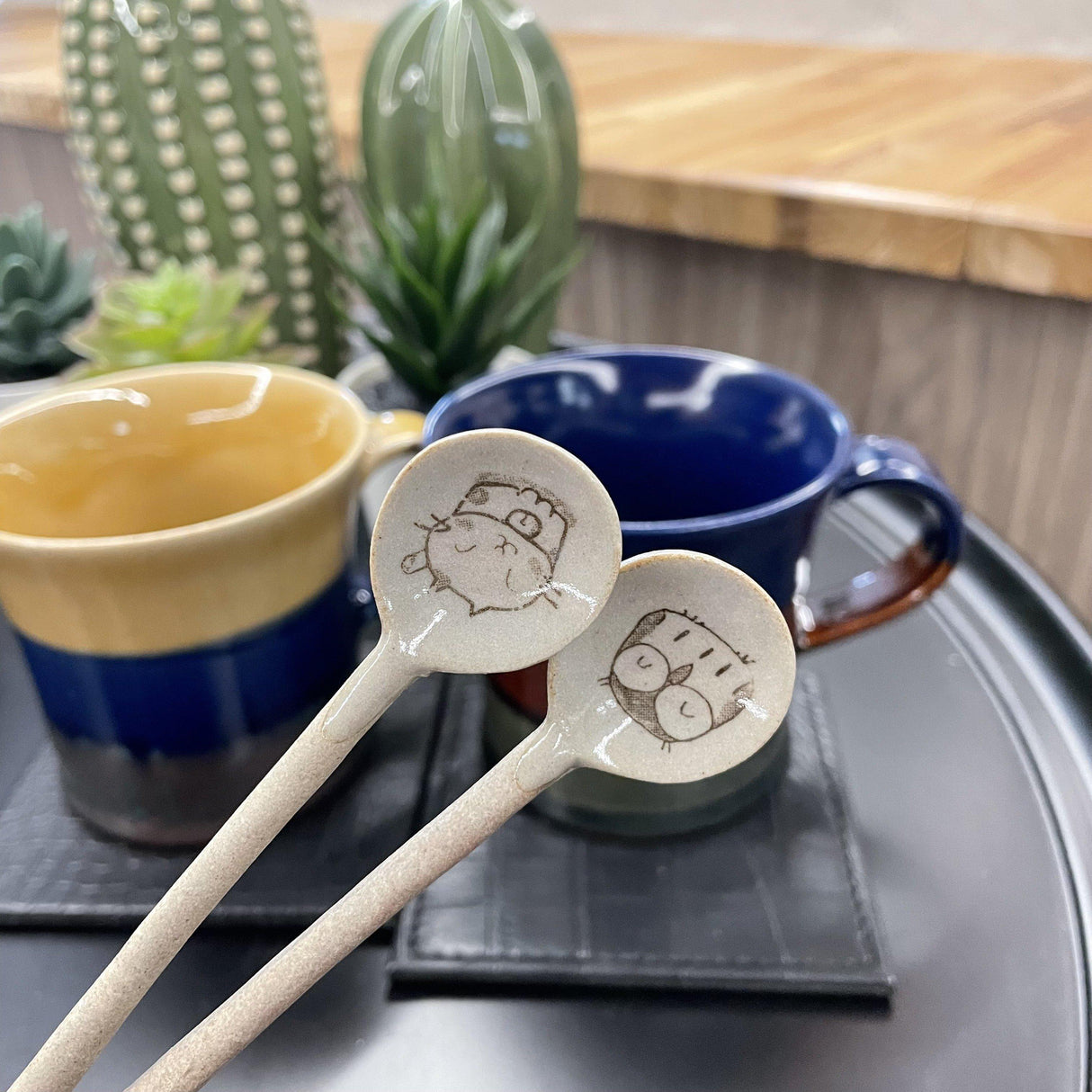 日本製 陶瓷勺-福貓/貓頭鷹|貓陶勺 貓頭鷹勺 茶勺 攪拌勺 - 富士通販