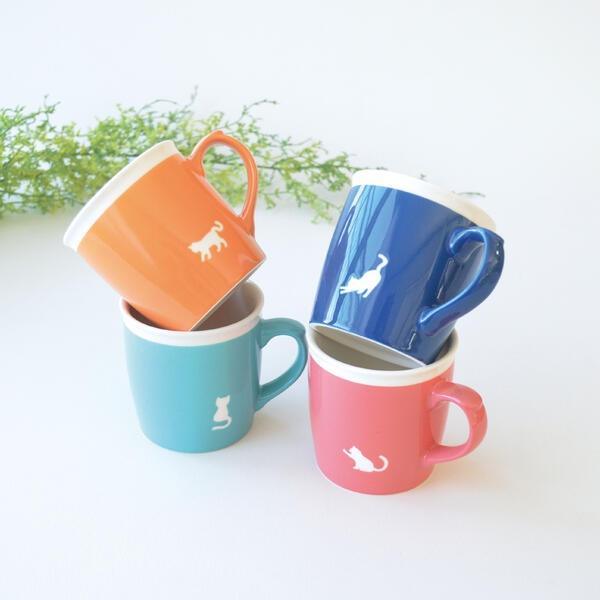 日本製 美濃燒 貓剪影馬克杯 藍/粉/綠/橘|貓咪馬克杯 貓奴 - 富士通販