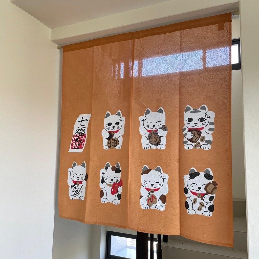 日本製 招財貓日式門簾-七福貓(橘短/藍短)|居家裝飾 遮擋門簾 招財貓門簾 棉麻門簾 - 富士通販