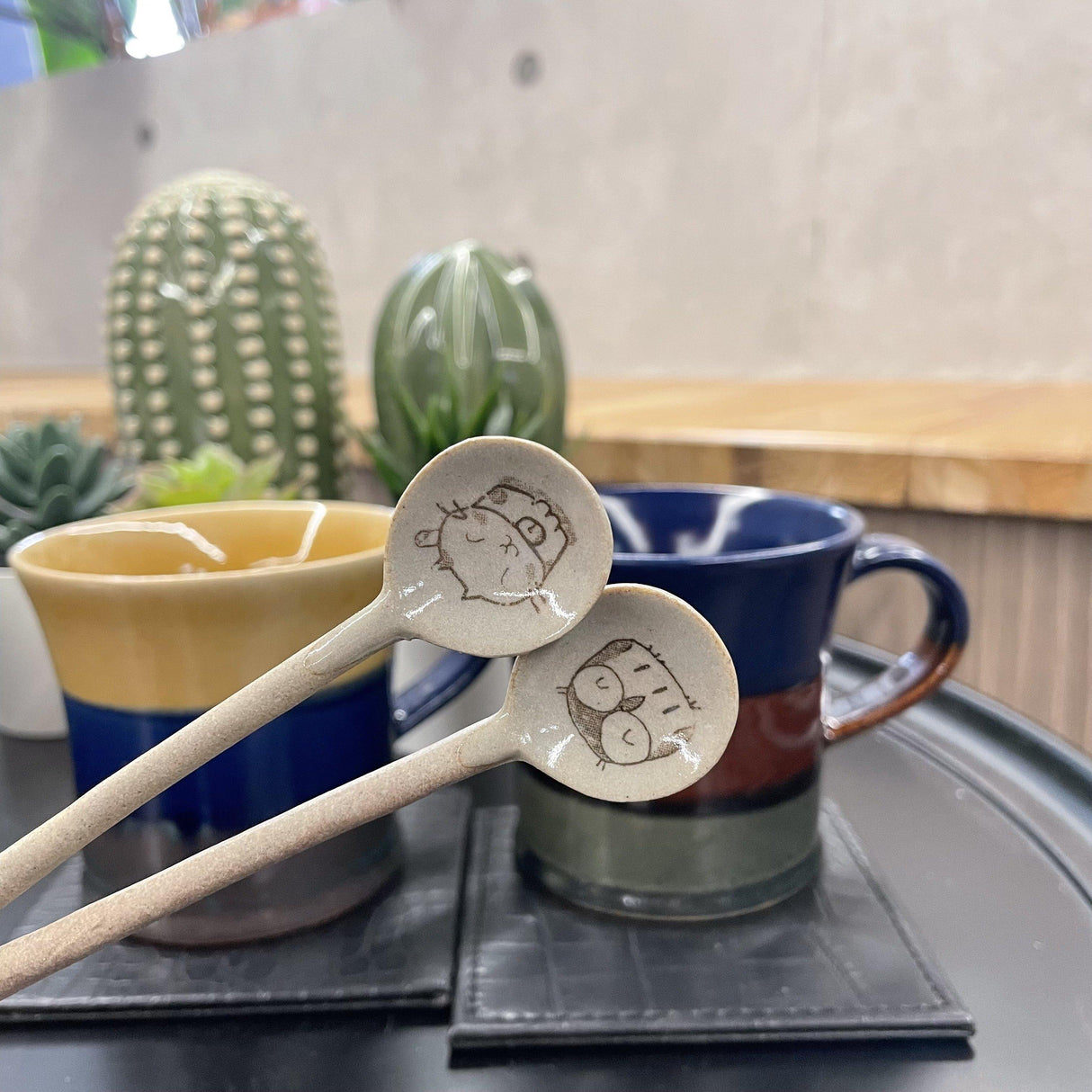 日本製 陶瓷勺-福貓/貓頭鷹|貓陶勺 貓頭鷹勺 茶勺 攪拌勺 - 富士通販
