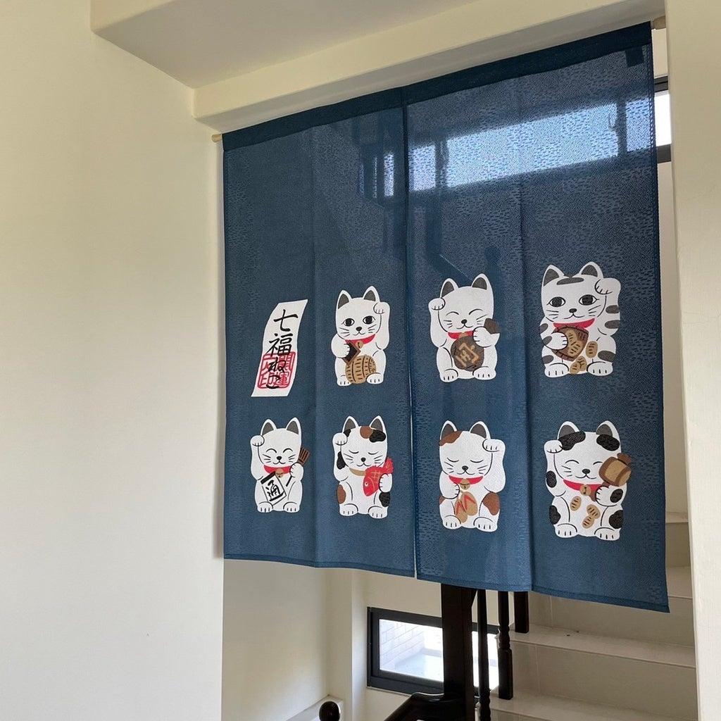 日本製 招財貓日式門簾-七福貓(橘短/藍短)|居家裝飾 遮擋門簾 招財貓門簾 棉麻門簾 - 富士通販