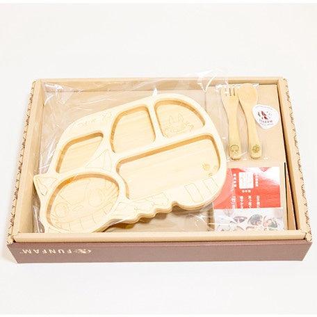 日本製 龍貓公車 木製分隔餐盤 餐具組|兒童餐具 湯匙叉子 禮盒組 - 富士通販