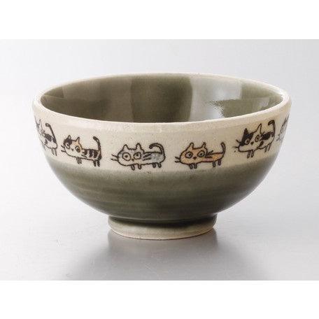 日本製 散步貓咪陶瓷碗 綠色|日式陶瓷碗 貓咪 湯碗 甜品碗 - 富士通販