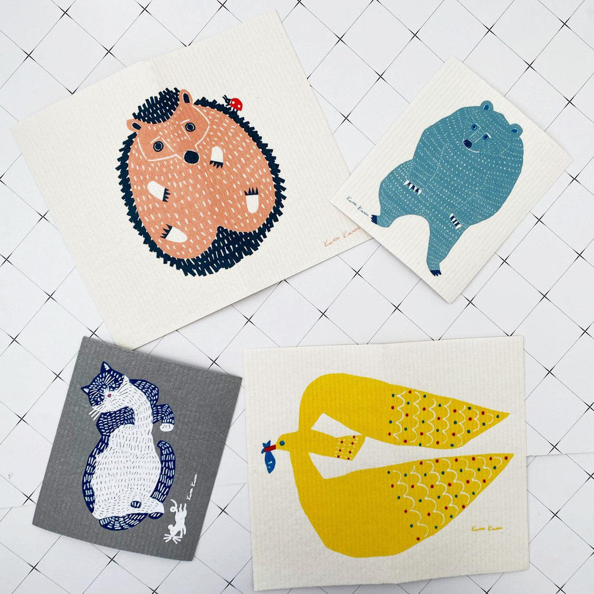 德國製造 動物圖案 纖維素吸水抹布 不掉棉絮 不留水痕|海鷗 熊 刺蝟 貓咪圖案 兩種尺寸 - 富士通販