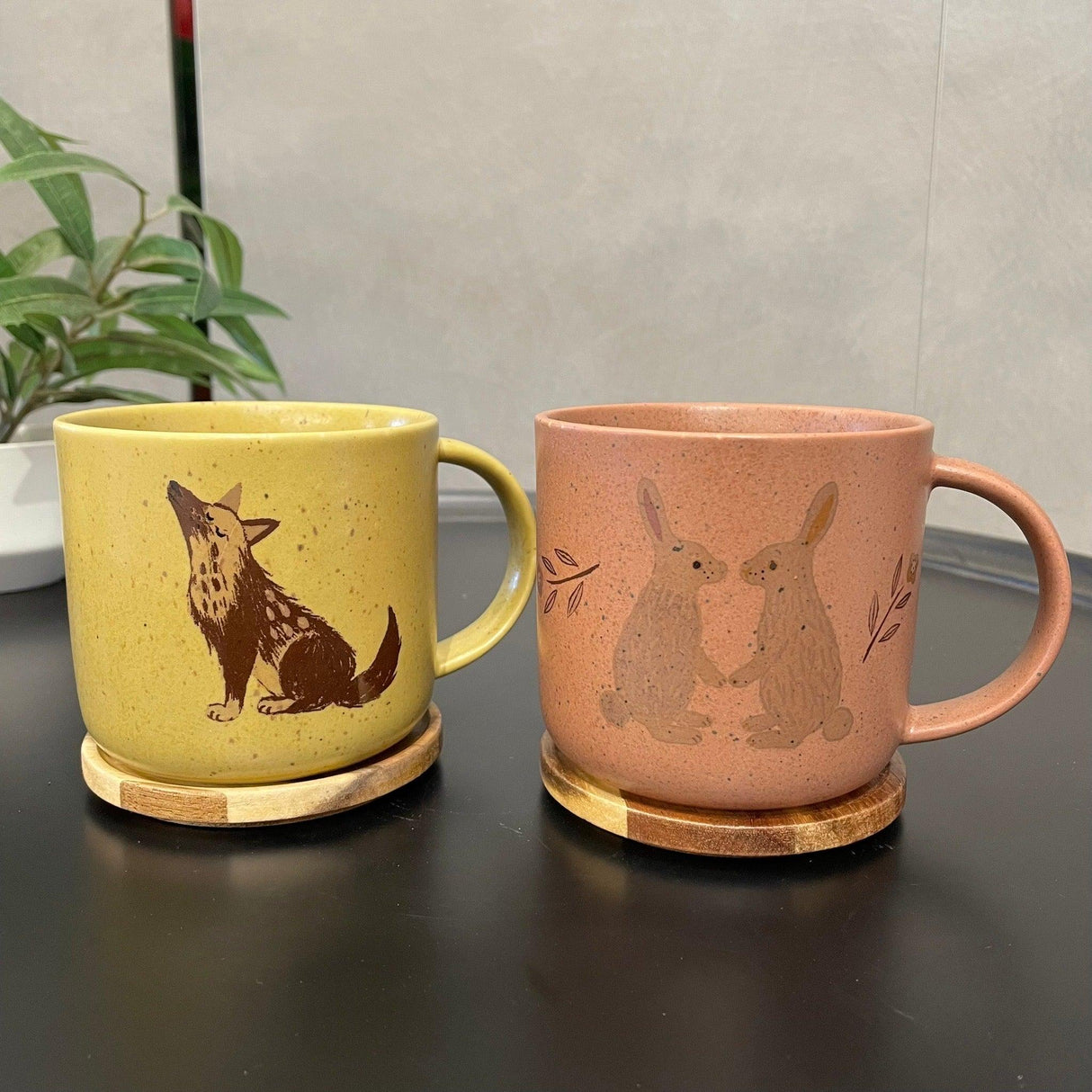 日本製 美濃燒 兔子 狼 陶瓷馬克杯 附蓋|咖啡杯 牛奶杯 水杯 - 富士通販