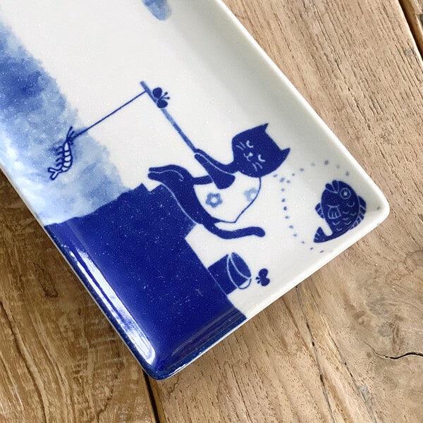 日本製 美濃燒 貓咪釣魚長盤|陶瓷盤 甜點盤 水果盤 炸物盤 - 富士通販