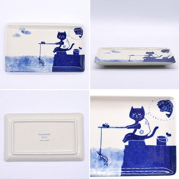 日本製 美濃燒 貓咪釣魚長盤|陶瓷盤 甜點盤 水果盤 炸物盤 - 富士通販