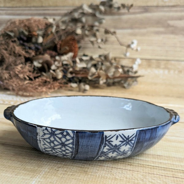 日本製 美濃燒 藍祥瑞陶瓷雙耳烤盤 | 烤盤 焗烤盤 甜點烤盤 陶瓷烤盤 日本製盤子 橢圓盤 深盤