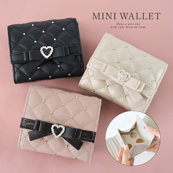 日本 SecretDoor 愛心鑽石釦菱格紋短夾 | 珍珠鉚釘 超薄錢包 錢包女 三折短夾 女生短夾