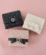 日本 SecretDoor 愛心鑽石釦菱格紋短夾 | 珍珠鉚釘 超薄錢包 錢包女 三折短夾 女生短夾