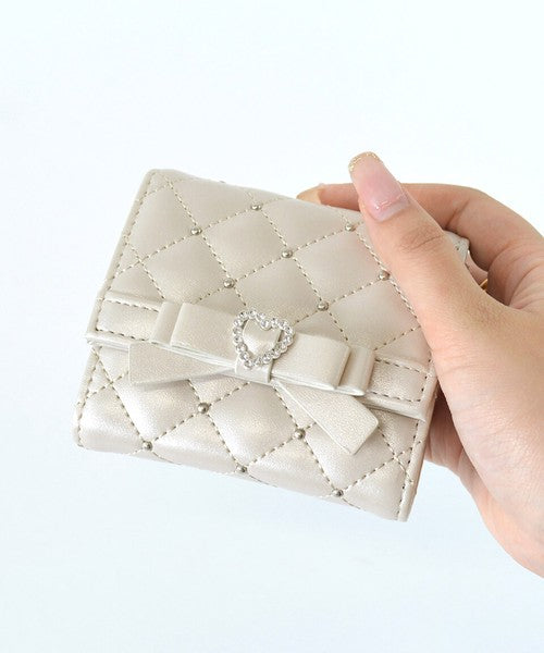 日本 SecretDoor 愛心鑽石釦菱格紋短夾 | 珍珠鉚釘 超薄錢包 錢包女 三折短夾 女生短夾