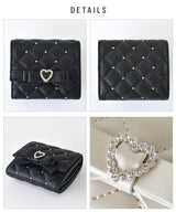 日本 SecretDoor 愛心鑽石釦菱格紋短夾 | 珍珠鉚釘 超薄錢包 錢包女 三折短夾 女生短夾