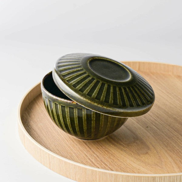 日本製 美濃燒 墨綠釉色附蓋碗 11cm｜湯碗 帶蓋飯碗 含蓋碗