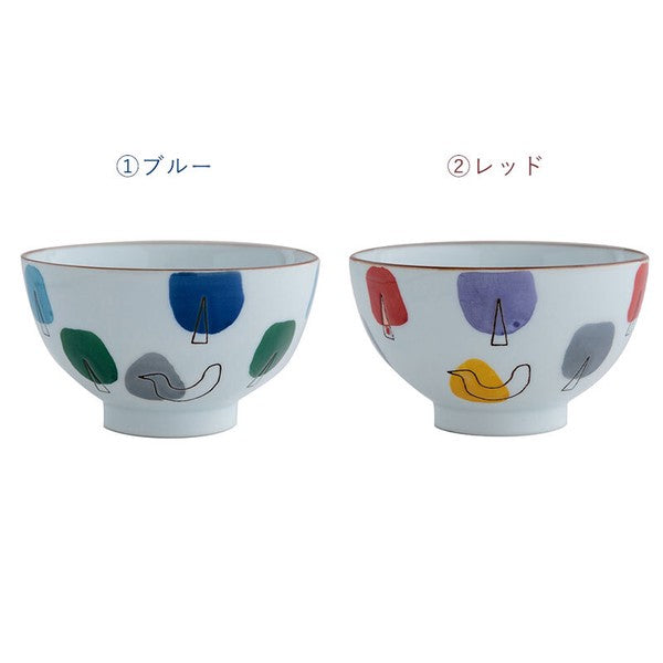 日本製  BISQUE 波佐見燒 彩色森林小鳥圖案夫妻飯碗｜陶瓷碗 對碗 兒童碗 CDF ètendue