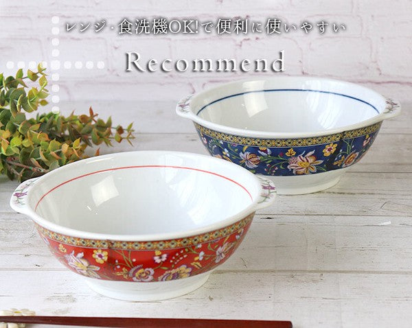 日本製 中國風花卉把手拉麵碗兩入組 紅色 藍色 1000ml｜美濃燒 湯碗 麵碗 碗公 丼飯碗